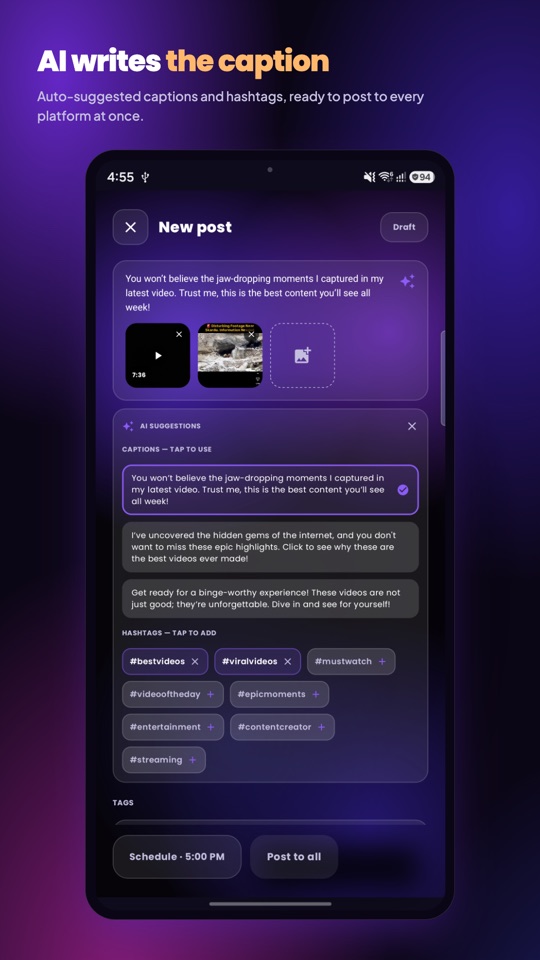 MiniStream AI caption and hashtag suggestions